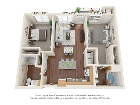 Floor plan for 2 beds, 2 baths, 1050 sqft